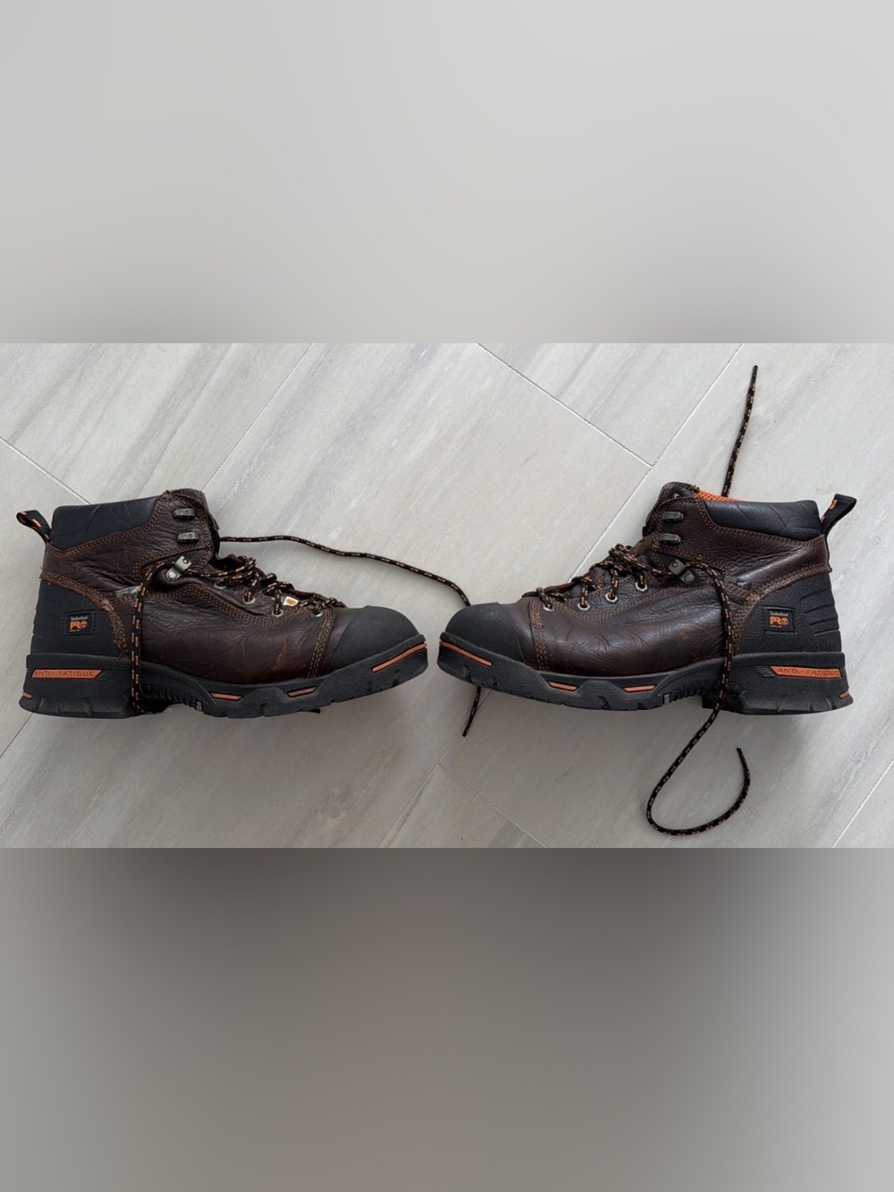 Timberland Brown Leather Work Boots with Black Toe Caps and Orange Accents- 11M
